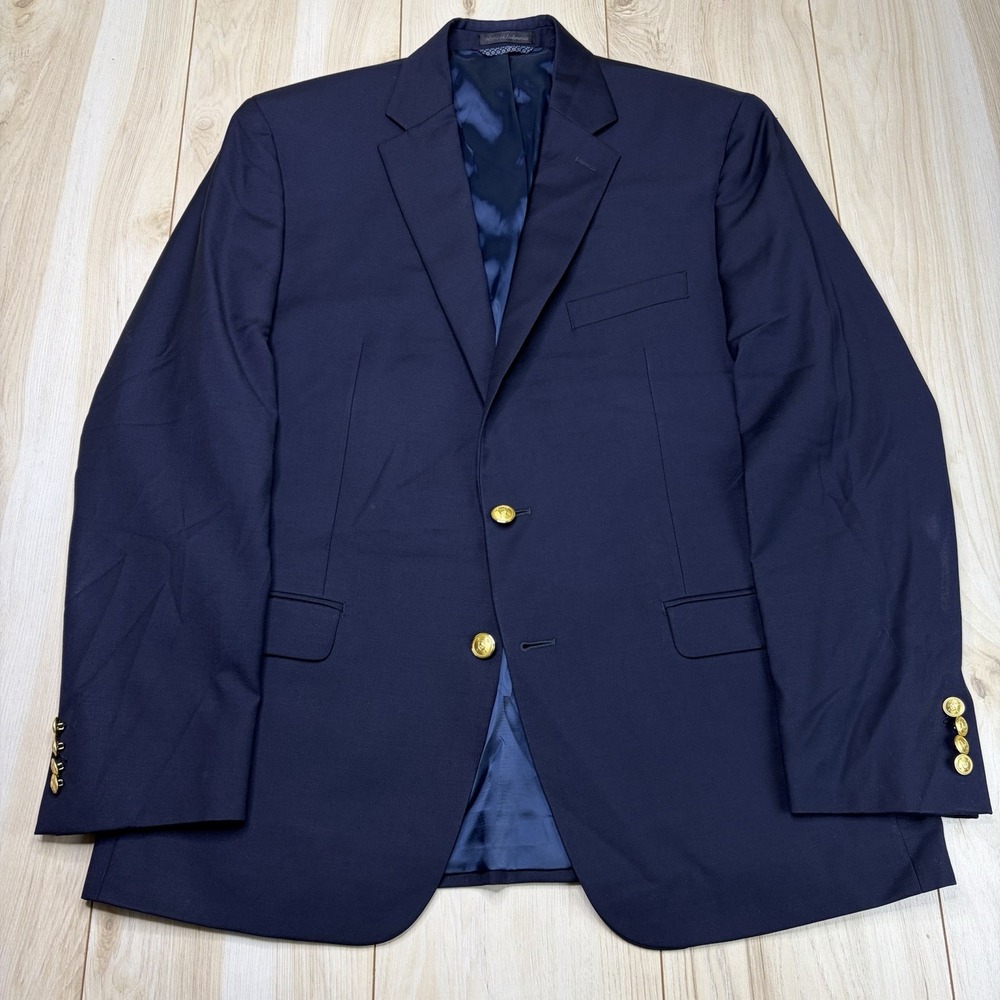 Lauren Ralph Lauren Gold Button Navy Blue Wool Natural Stretch Blazer Mens 42R